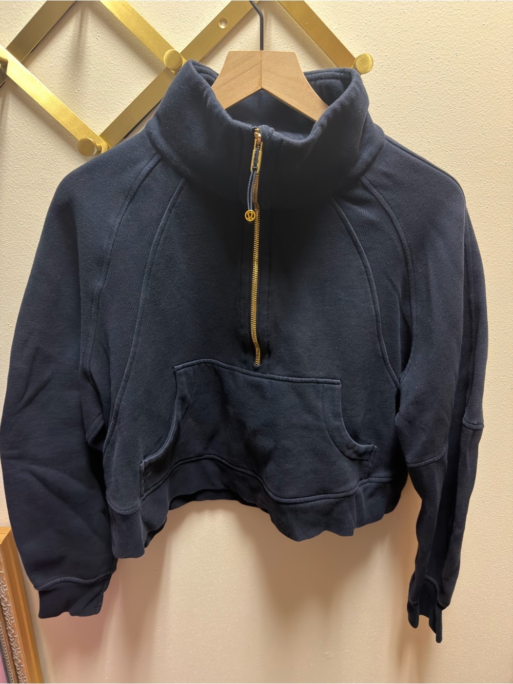 Lululemon Scuba Cropped Funnel Neck Half Zip Sweater in Navy Blue